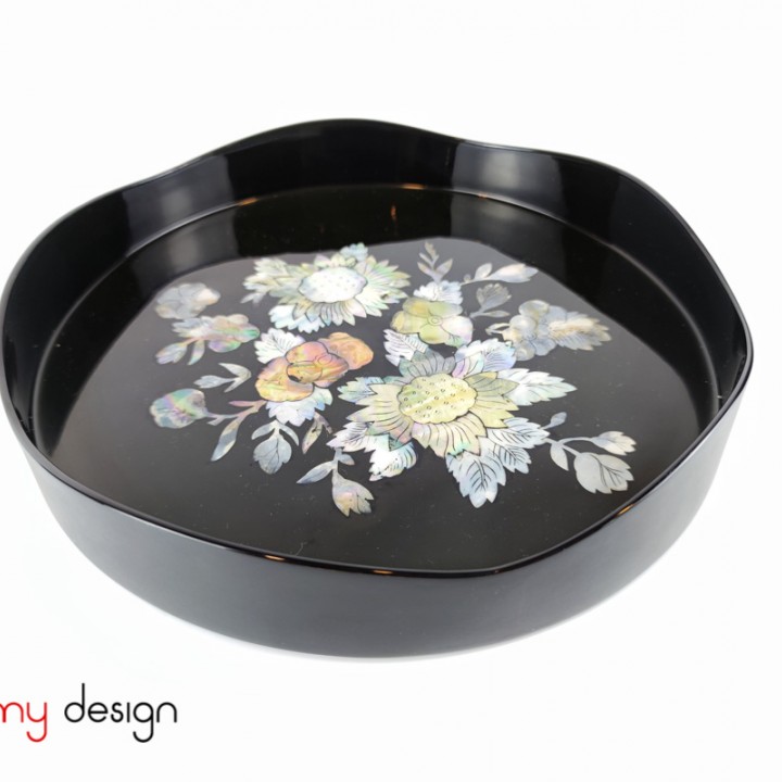 Black round lacquer tray attached with pearl flowers 27*H4cm